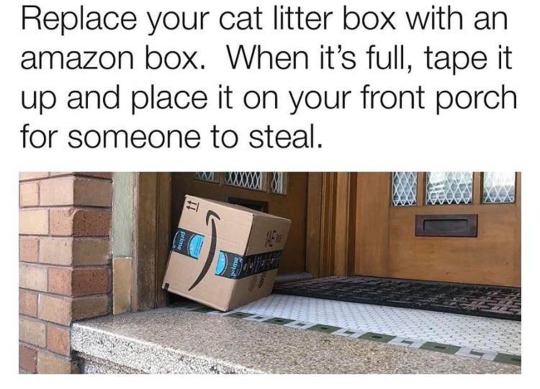 A taped Amazon box sits on a front porch next to a door. Text above suggests filling an Amazon box with used cat litter and leaving it out for thieves to steal.