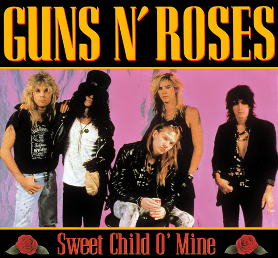 Five members of Guns N’ Roses pose in front of a pink background on the "Sweet Child O’ Mine" single cover. The band name is displayed in large yellow letters at the top, with two red roses and the song title at the bottom.