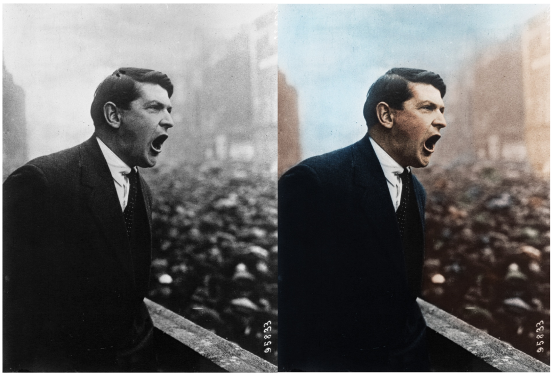 Historical photograph showing a man in a suit speaking passionately to a large crowd; the left half is black and white, and the right half is colorized.