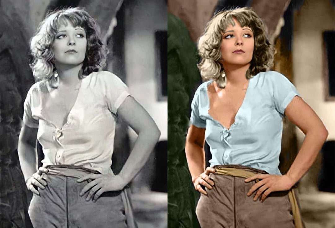 Side-by-side images of a woman posing with hands on hips; the left photo is in black and white, while the right version is colorized, showing her with a pale blue shirt, brown hair, and a neutral background.