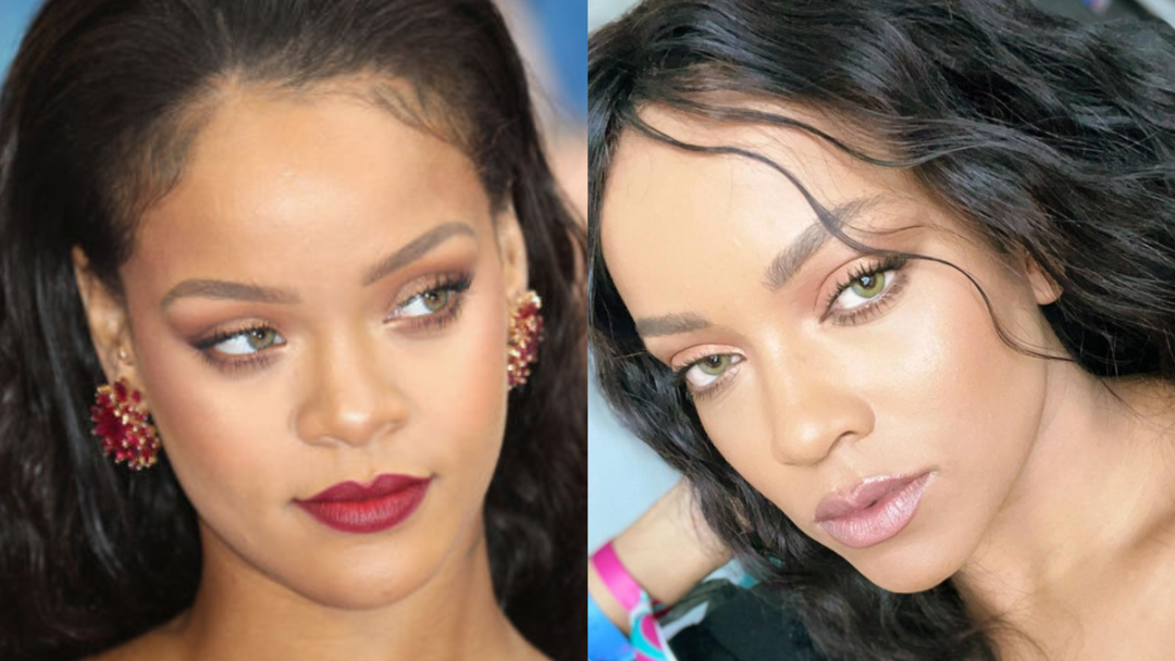Two women with similar facial features and makeup are shown side by side. Both have wavy dark hair, arched eyebrows, and neutral-toned makeup; one has bold red lipstick, while the other wears a nude lip color.