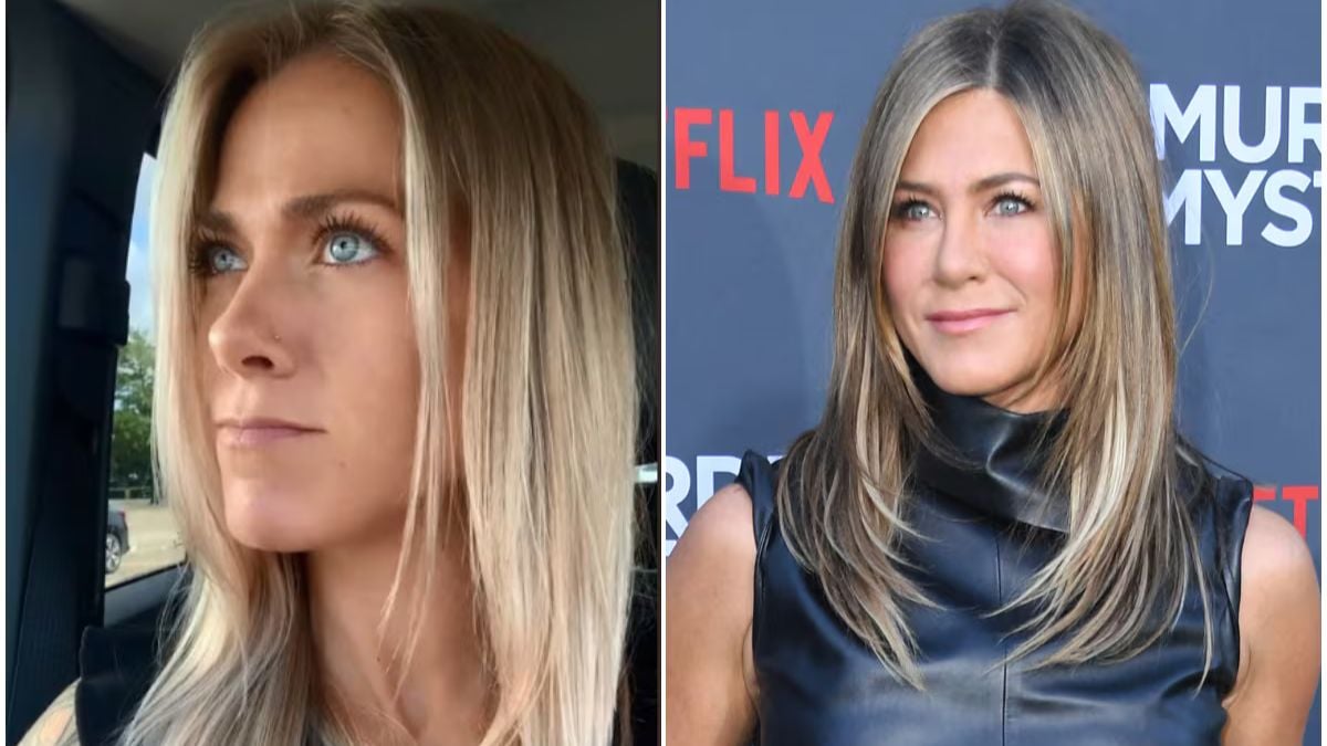 Side-by-side photos of two women with similar light brown hair and blue eyes; the left image shows a woman looking out a car window, while the right image shows another woman posing on a red carpet in a black top.