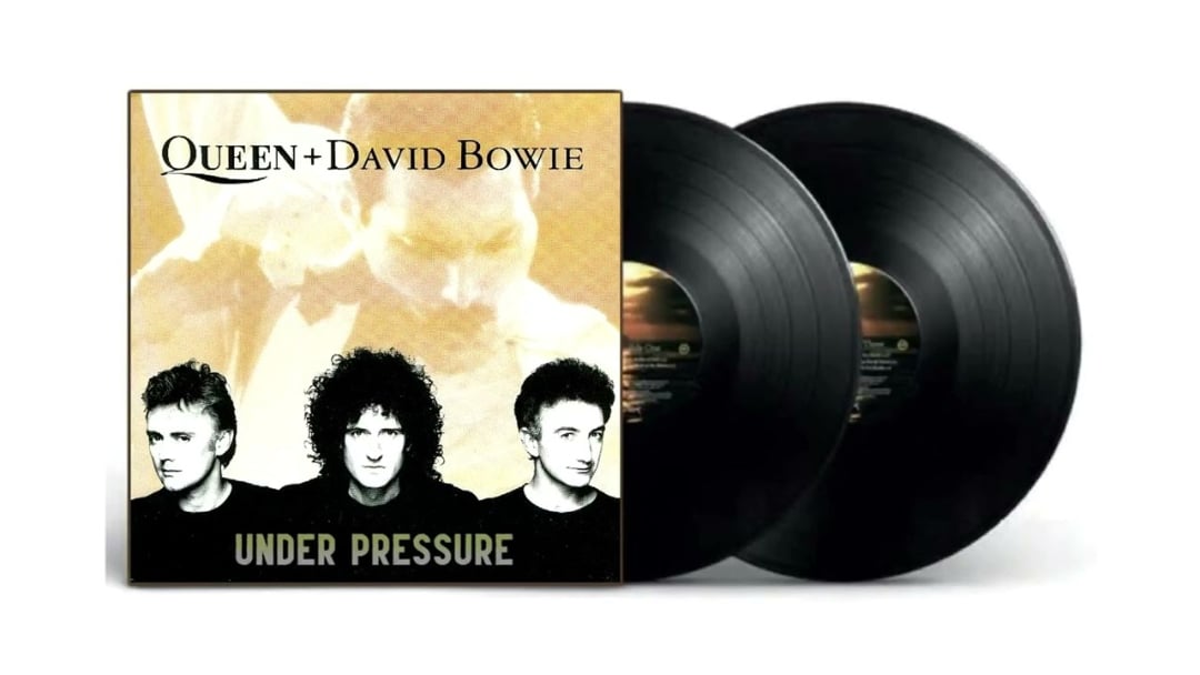 Album cover for "Under Pressure" by Queen and David Bowie. The cover shows stylized portraits of four people and a large faded image in the background, with two vinyl records partially visible beside it.