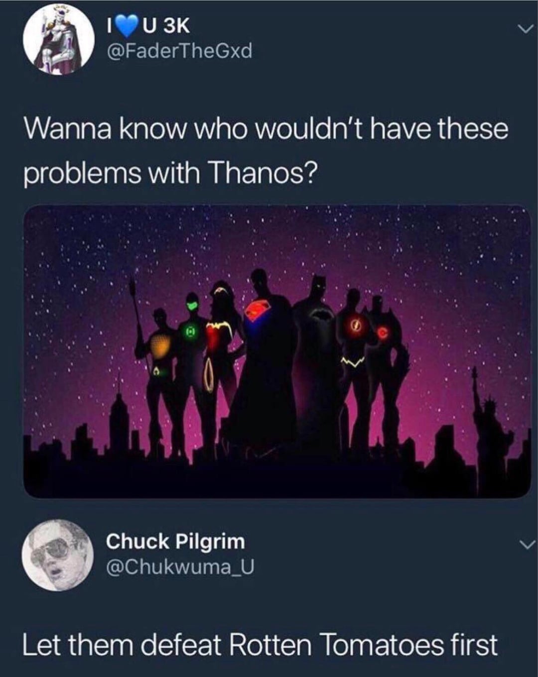 A tweet asks who could beat Thanos, showing silhouettes of DC superheroes. A reply jokes, "Let them defeat Rotten Tomatoes first.