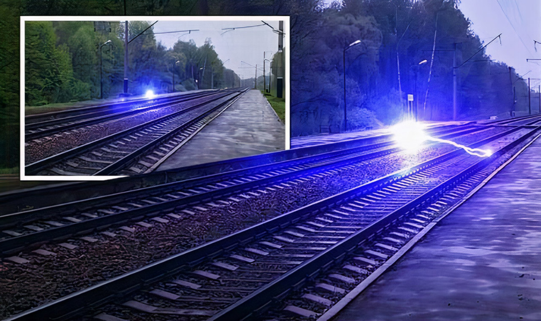 A railway track at a station during dusk or dawn, with a bright blue electric spark illuminating the rails. An inset shows a close-up of the same scene, highlighting the electric discharge.