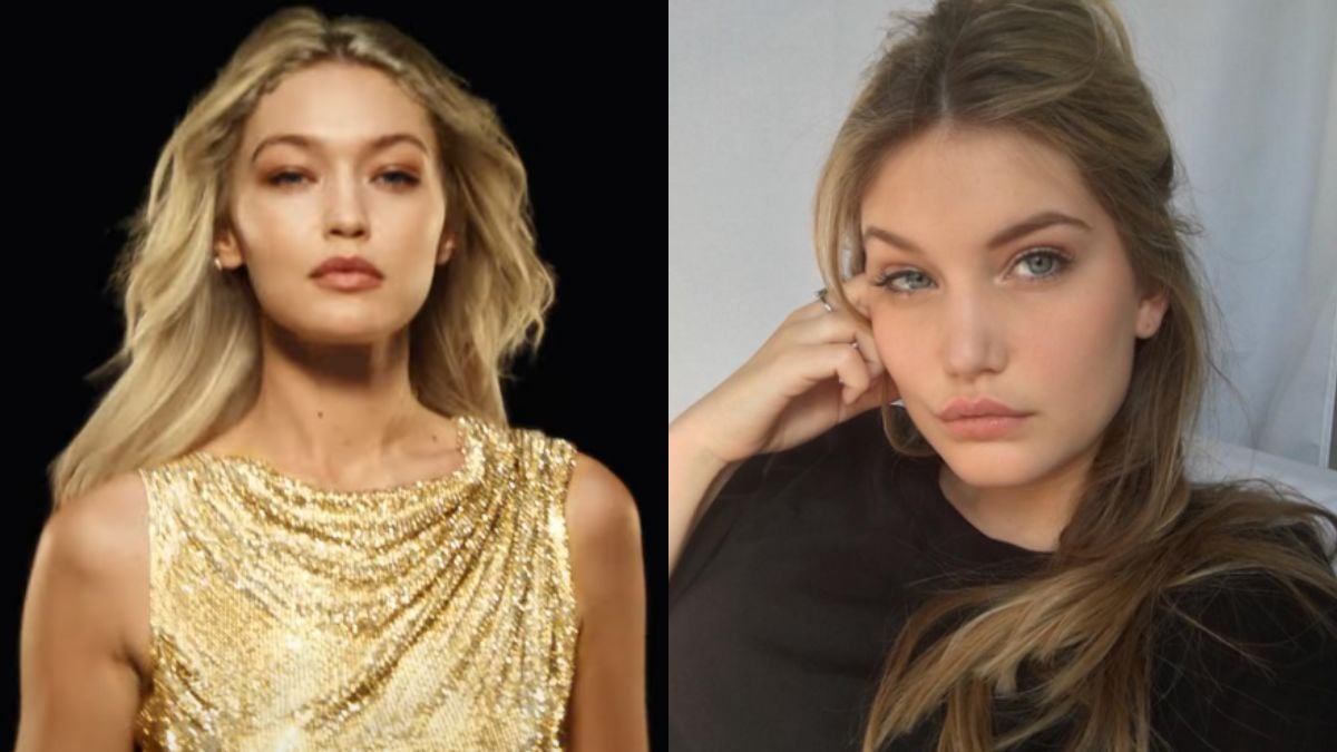 Side-by-side images of two women: on the left, a woman with long blonde hair wears a gold, shimmery dress and looks forward; on the right, a woman with light brown hair sits against a white background, resting her head on her hand.