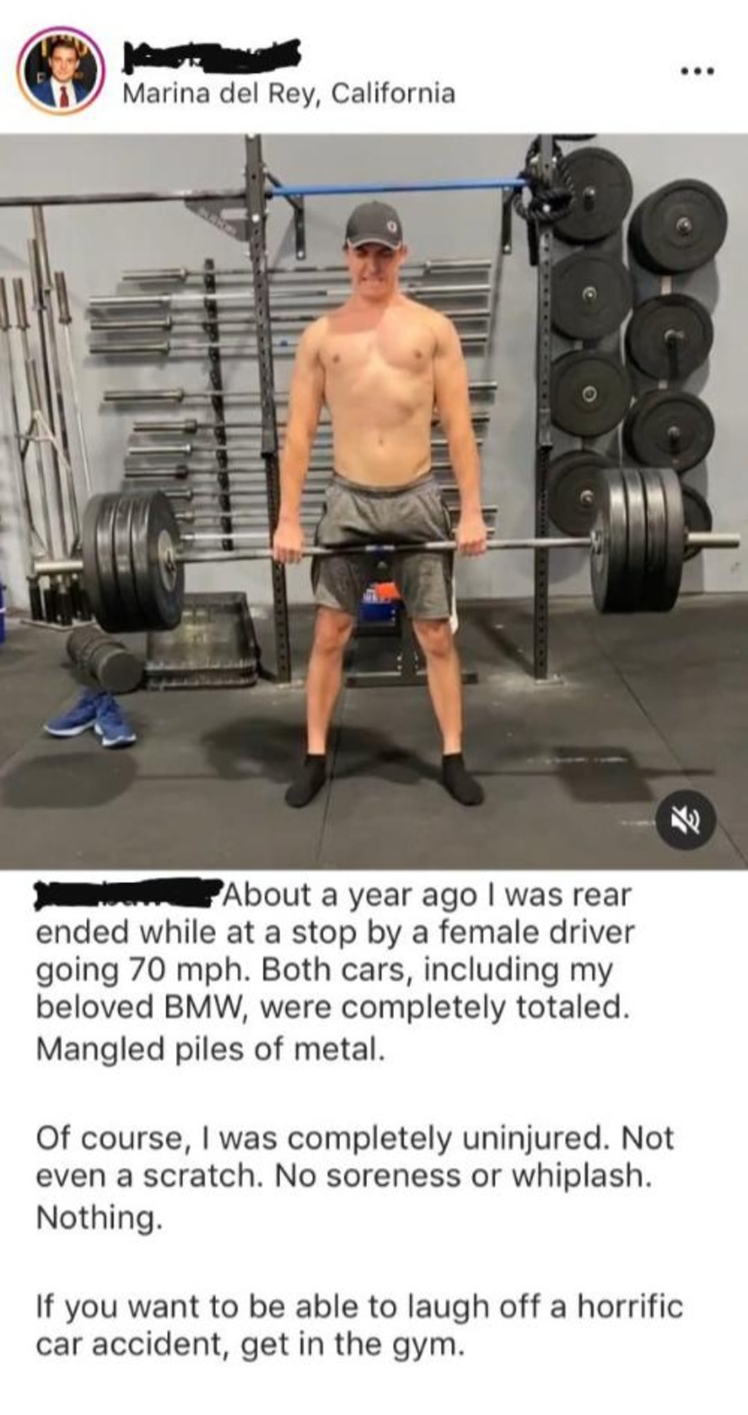 A shirtless young man wearing a cap, shorts, and sneakers lifts a heavy barbell in a gym. Several weights and gym equipment are visible in the background. A social media post describing a car accident is overlaid.