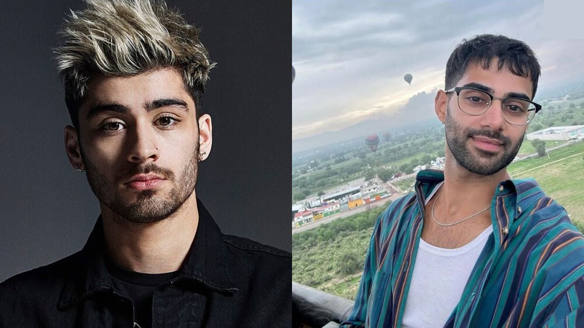 A split image showing two young men: on the left, a man with spiked, light-highlighted hair and facial hair, wearing a black jacket; on the right, a man with glasses, short dark hair, and a striped shirt, outdoors with a scenic background.