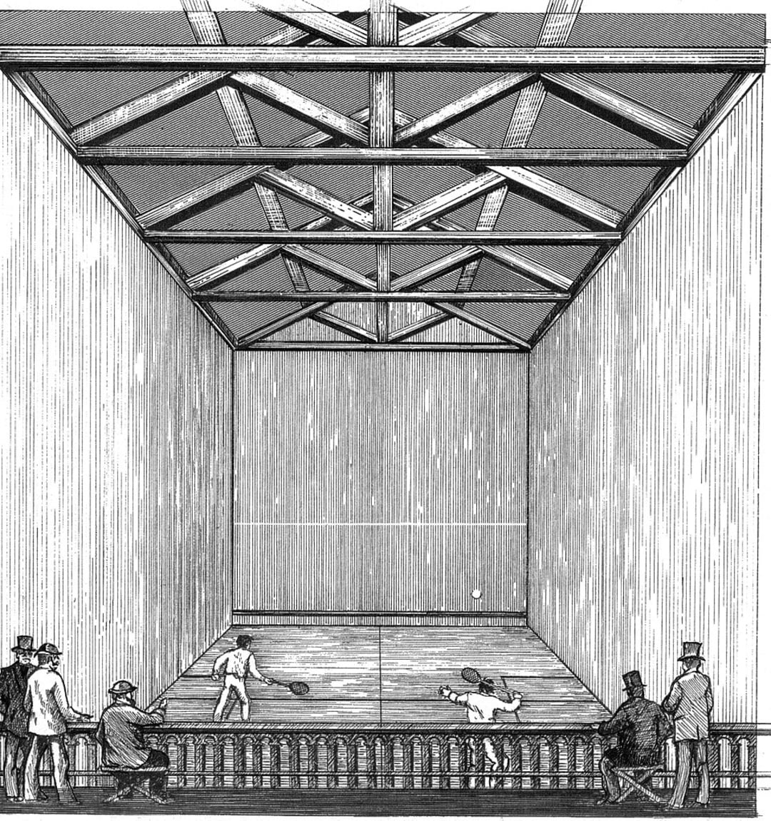 A black and white illustration of an indoor court, with two people playing a racket sport watched by spectators in formal 19th-century attire, under a high ceiling with exposed beams.