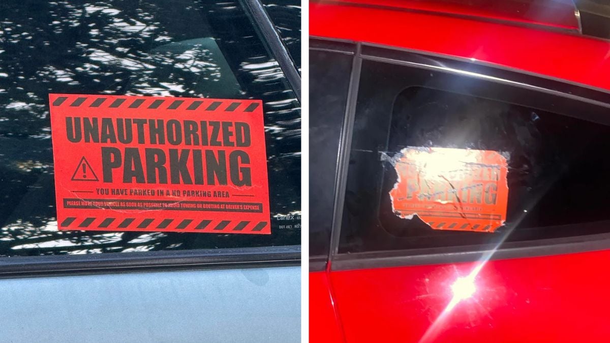 Split image: Left side shows a red "Unauthorized Parking" sticker on a car window. Right side shows remnants of a similar sticker partially removed from another car window.