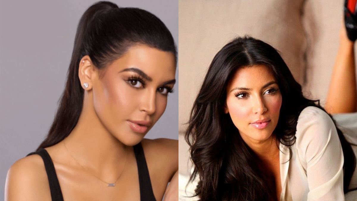 Side-by-side images of two women with long dark hair and similar facial features, both wearing makeup; one has a sleek ponytail and black top, the other has loose hair and a white top, lying on a couch.