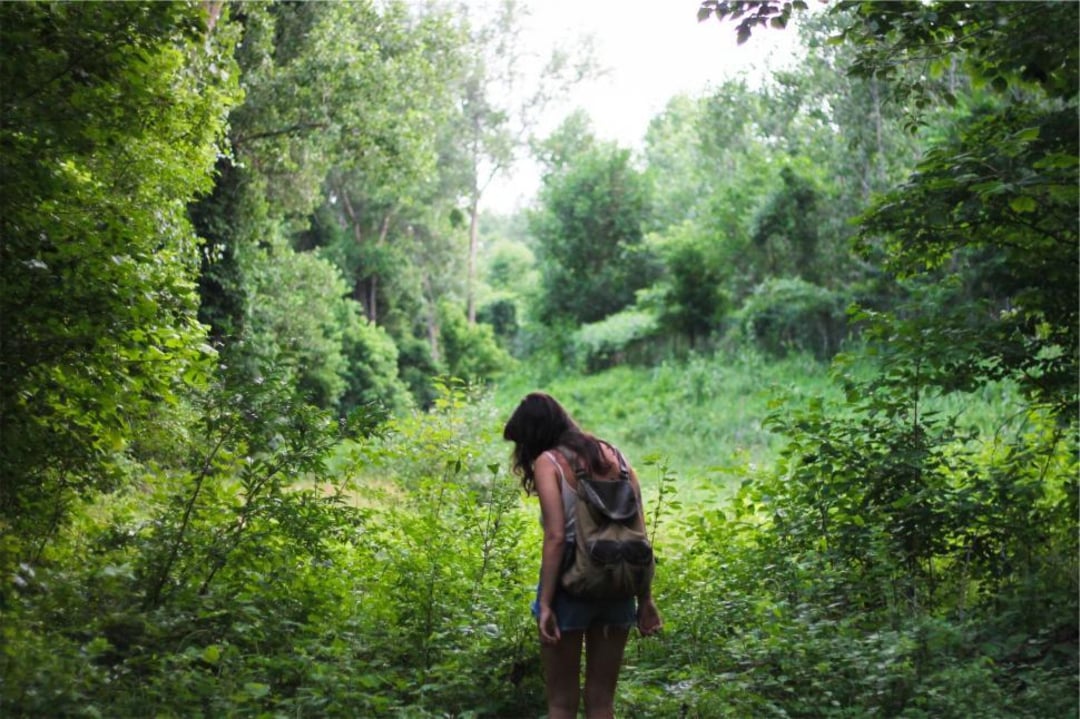 A person with long hair, wearing a backpack and shorts, walks through a lush, green forest with dense trees and foliage on a bright day.