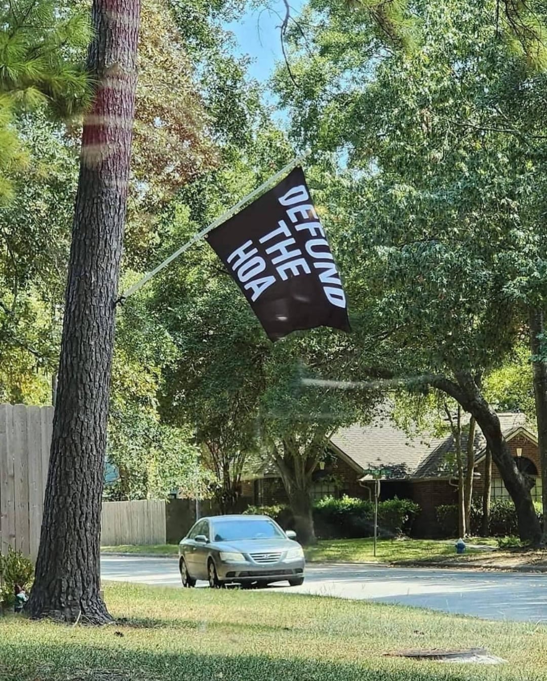 A black flag with white text reading "DEFUND THE HOA" hangs from a tree in a suburban neighborhood, with a car parked on the street and houses surrounded by greenery in the background.
