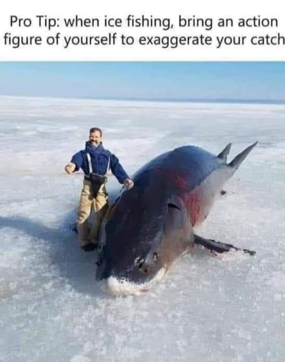 A toy action figure stands next to a huge fish on a frozen lake, making the catch appear much larger; text above the image suggests using an action figure of yourself to exaggerate your ice fishing success.