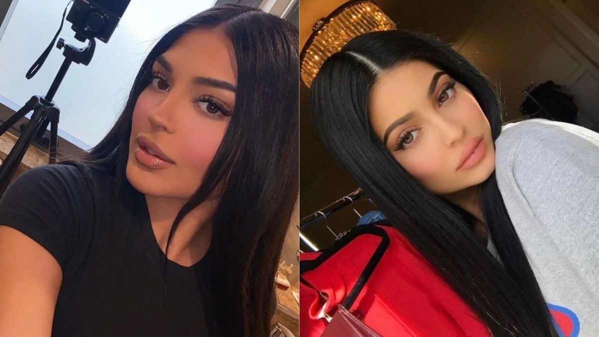 Two women with long black hair pose for selfies in separate images, both wearing makeup. One wears a black top, the other a light-colored shirt, with soft lighting in each setting.