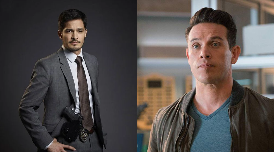 Split image: On the left, a man in a gray suit with a police badge and holstered gun stands confidently. On the right, a man in a green jacket and blue shirt stands indoors, looking ahead with a neutral expression.