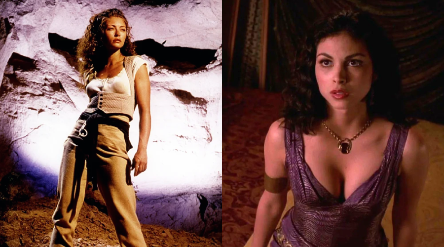 Split image: Left side shows a woman with curly hair in a cave-like setting, wearing a light top and beige pants. Right side shows a woman with dark wavy hair in a low-cut purple dress standing indoors, looking slightly upward.