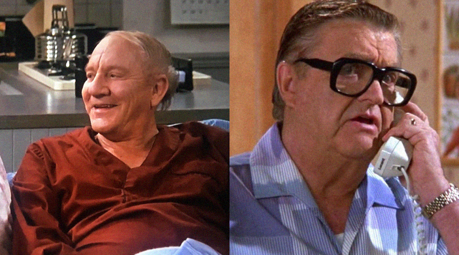 Two older men are shown side by side. The man on the left, wearing maroon pajamas, smiles while sitting. The man on the right, wearing glasses and blue pajamas, holds a landline phone to his ear and looks serious.