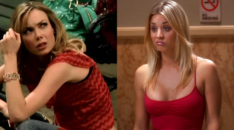 Split image: On the left, a woman with blonde hair wearing a red patterned sleeveless top looks confused; on the right, a blonde woman in a solid red tank top stands indoors, with a "no smoking" sign behind her.