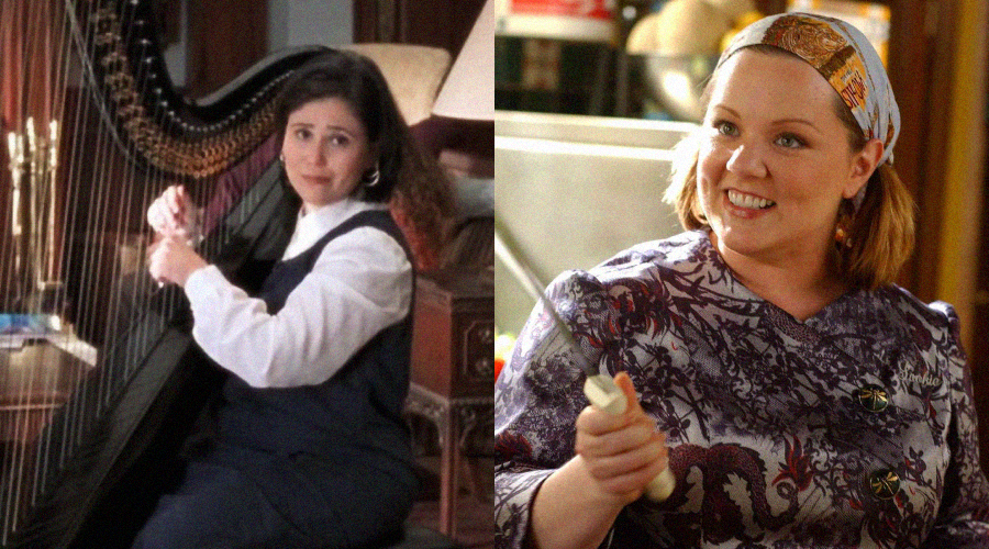 Split image: On the left, a woman in a white shirt and dark vest sits at a harp, looking at the camera. On the right, a woman in a printed top and headband smiles, holding a kitchen utensil in her hand.