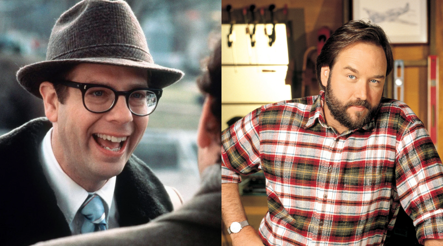 A split image shows a man in glasses, a hat, and a suit smiling outdoors on the left, and a bearded man in a plaid shirt leaning against a counter indoors on the right.