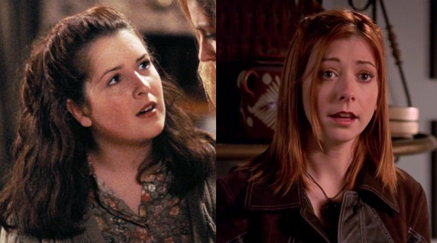 Side-by-side images of two women: on the left, a woman with long brown hair looks up with a surprised expression; on the right, a woman with straight red hair looks forward, speaking seriously.