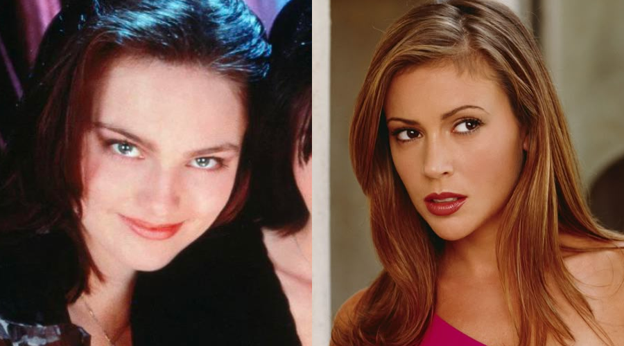 A split image shows two women. On the left, a woman with dark brown hair and light eyes smiles softly. On the right, a woman with long light brown hair and light makeup looks to the side with a serious expression.