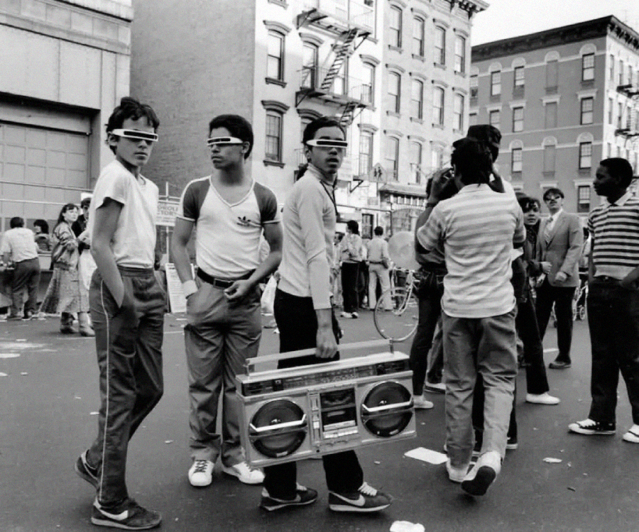 A group of young people stand on a city street in the 1980s, wearing tracksuits, sneakers, and futuristic sunglasses. One holds a large boombox. Several others are socializing in the background near apartment buildings.