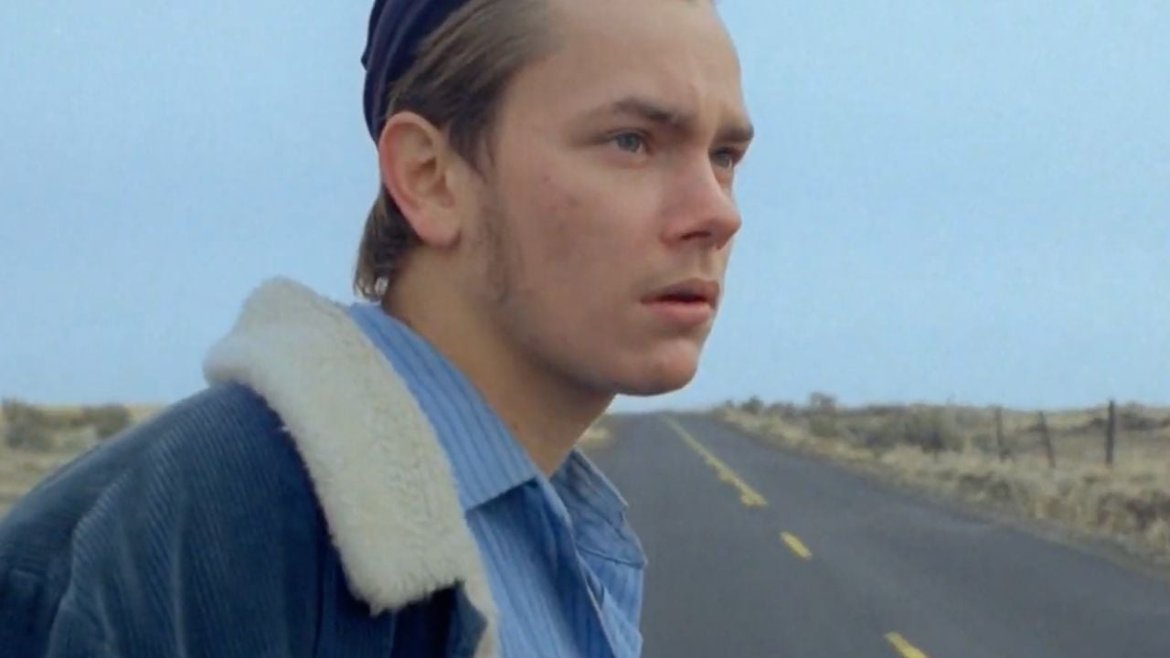 A young person with sideburns and wearing a jacket and cap stands by an empty rural road, looking thoughtfully into the distance under an overcast sky.