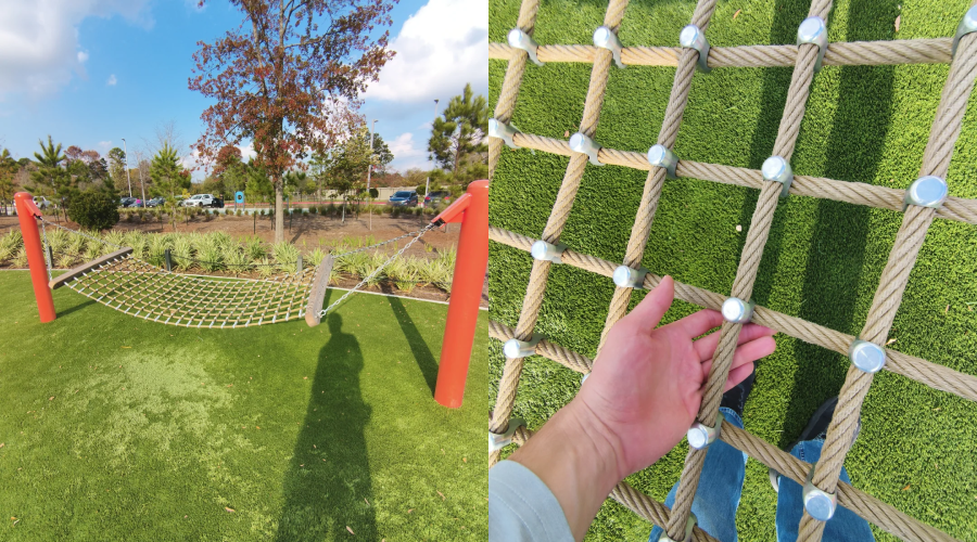 A playground rope climbing net between red poles stands on artificial grass; a close-up shows a hand gripping the ropes and a foot stepping on the net.