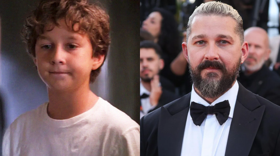 Split image showing a young boy with curly hair and a white shirt on the left, and an adult man with slicked-back hair, a beard, and a tuxedo on the right, at a formal event.
