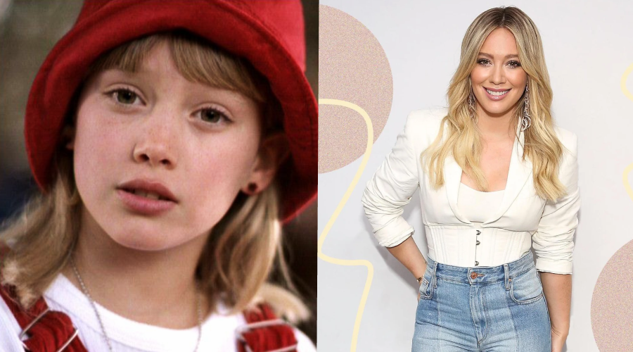 A split image showing a young girl in a red hat and overalls on the left, and an adult woman with long blonde hair wearing a white blouse and jeans, smiling, on the right.