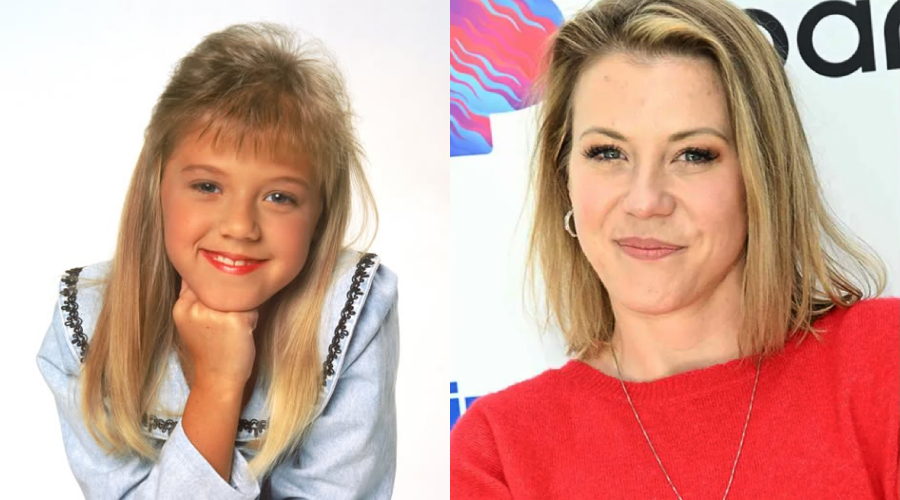 A side-by-side image shows the same woman as a smiling young girl with long blonde hair on the left and as an adult with similar hair, wearing a red top, on the right.