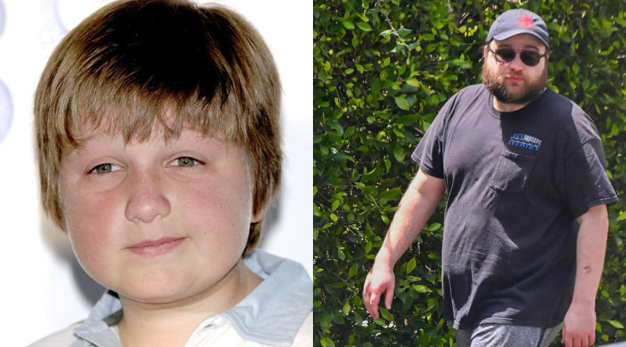 A side-by-side comparison shows a young boy with light brown hair and a neutral expression on the left, and an adult man with a beard, sunglasses, cap, and casual clothing outdoors on the right.