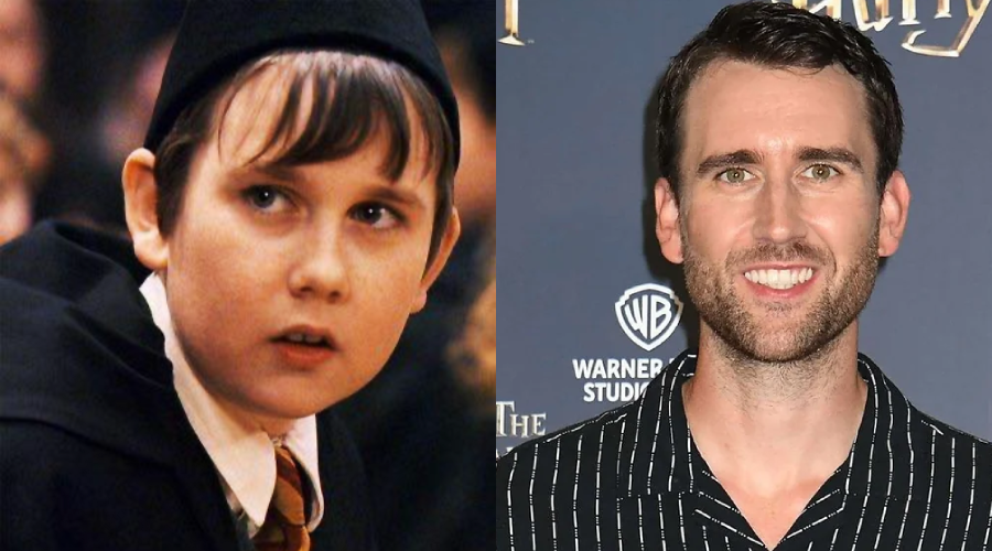 Side-by-side images show a young boy in a wizard costume on the left and a smiling adult man at a movie event on the right, illustrating a transformation over time.