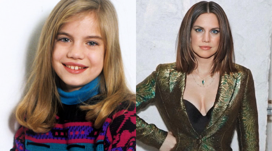Side-by-side photos show a young girl with long blonde hair and a colorful sweater on the left, and an adult woman with straight mid-length brown hair in a shiny green jacket on the right.