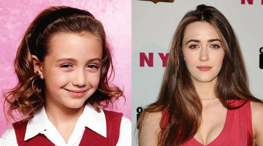A side-by-side comparison shows a young girl with wavy light brown hair and a red vest on the left, and a woman with long brown hair wearing a pink dress at an event on the right.