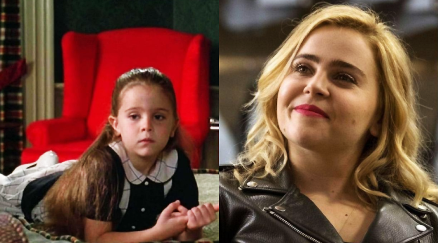 Split image: On the left, a young girl with long brown hair lies on her stomach wearing a black dress with a white collar. On the right, a blonde woman smiles warmly in a black leather jacket.