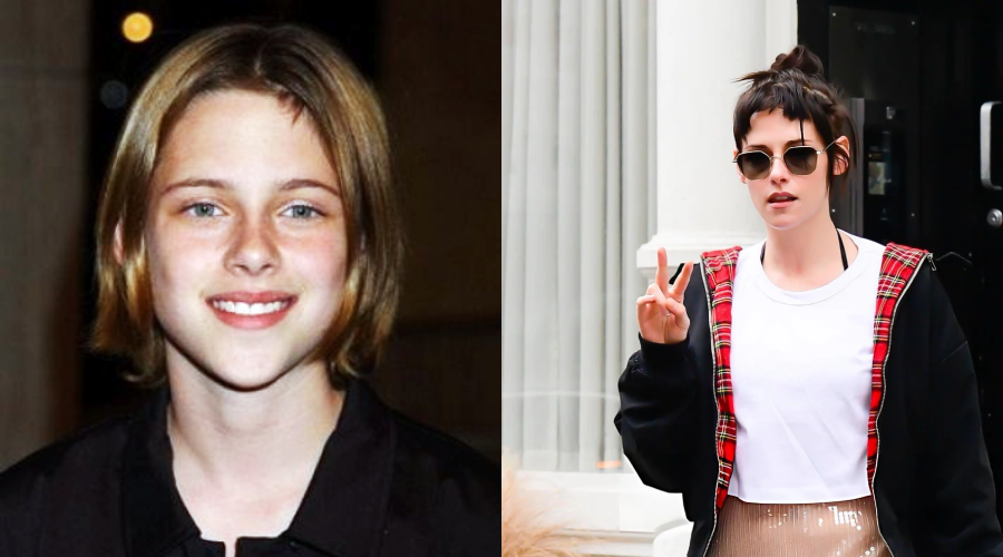 Side-by-side photos of the same woman: on the left, as a young person with short light brown hair and a black shirt, smiling; on the right, as an adult with dark hair, sunglasses, and casual clothes, making a peace sign.