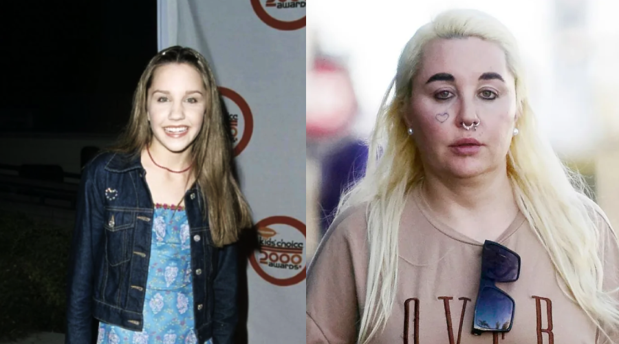 Side-by-side photos of a young woman with long brown hair smiling in a blue dress, and the same woman years later with platinum blonde hair, face tattoos, and a neutral expression, wearing a tan shirt.