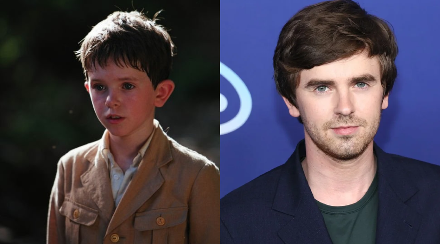 Side-by-side photos show a young boy wearing a tan jacket outdoors on the left, and a bearded young man with brown hair in a dark blazer in front of a blue background on the right.