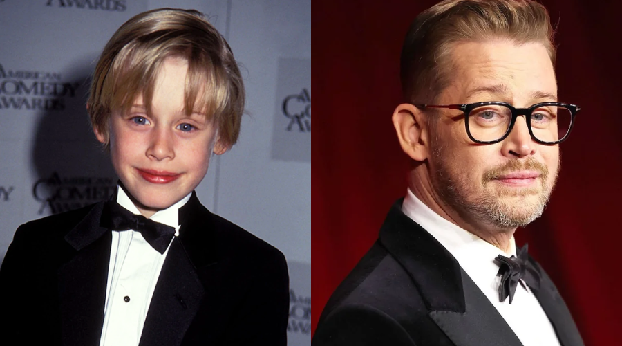 Side-by-side photos of a blond man in a tuxedo, one as a child and one as an adult with glasses and facial hair, both smiling at the camera against formal event backgrounds.