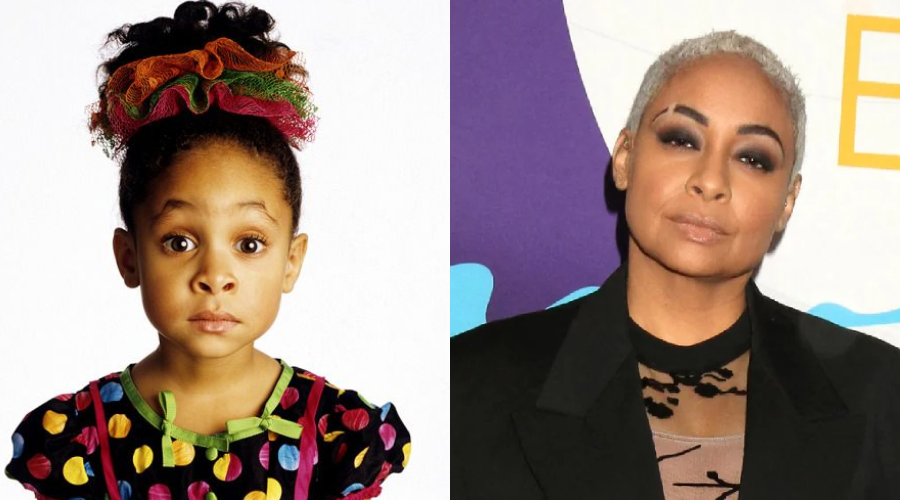 Side-by-side photos of a woman: on the left, as a young child with curly hair and a colorful outfit; on the right, as an adult with short, light hair and a serious expression, wearing a dark blazer.