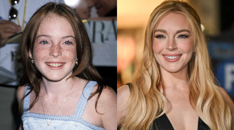 Side-by-side images of a woman as a child and as an adult. On the left, she has red hair, freckles, and is smiling in a light blue dress. On the right, she has long blonde hair, light makeup, and is smiling in a black outfit.