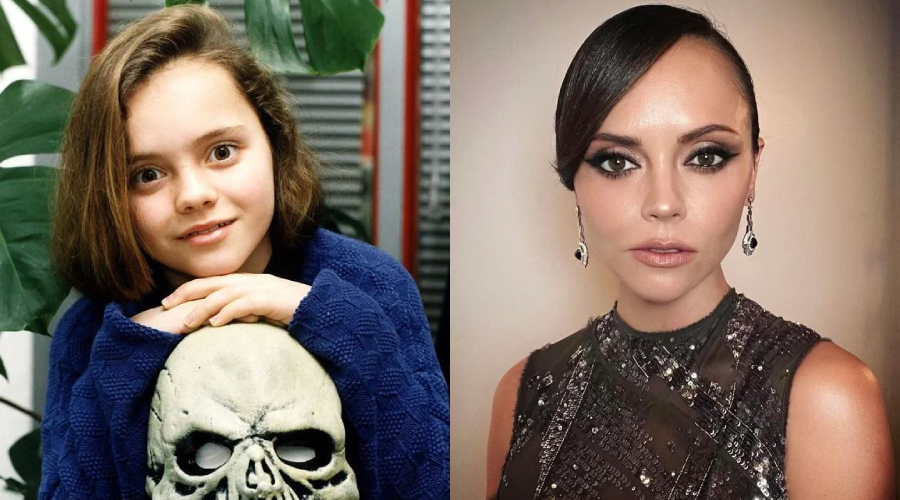 A side-by-side comparison shows a young girl with short brown hair and a blue sweater holding a skull prop on the left, and an adult woman with dramatic makeup and earrings on the right.