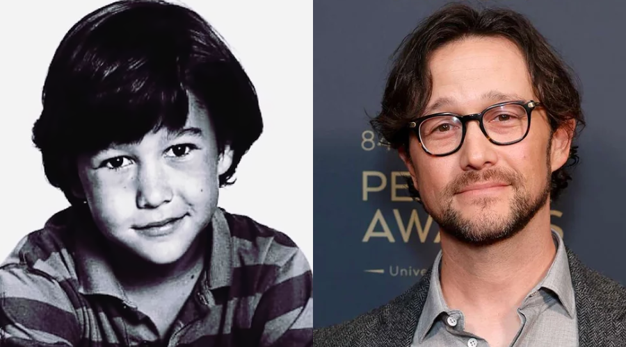 Side-by-side photos of the same person as a child and as an adult. On the left, a young boy with dark hair wears a striped shirt. On the right, the adult has glasses, a beard, and is dressed in a suit jacket and shirt.