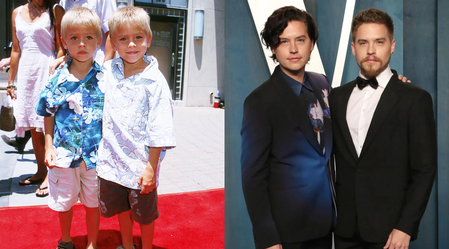 Side-by-side photos of twin brothers: as young children in casual Hawaiian shirts and shorts on a red carpet, and as adults in formal suits at a glamorous event, standing arm-in-arm.