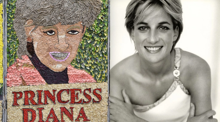 A split image: on the left, a textured portrait of Princess Diana made from natural materials with "PRINCESS DIANA" written below; on the right, a black-and-white photo of Princess Diana smiling with arms crossed.