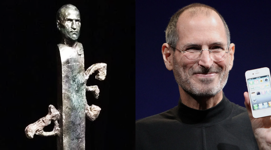 Side-by-side image: On the left, a metallic abstract sculpture featuring a head and protruding arms. On the right, a man in glasses and a black shirt holds up a white smartphone, smiling at an event.