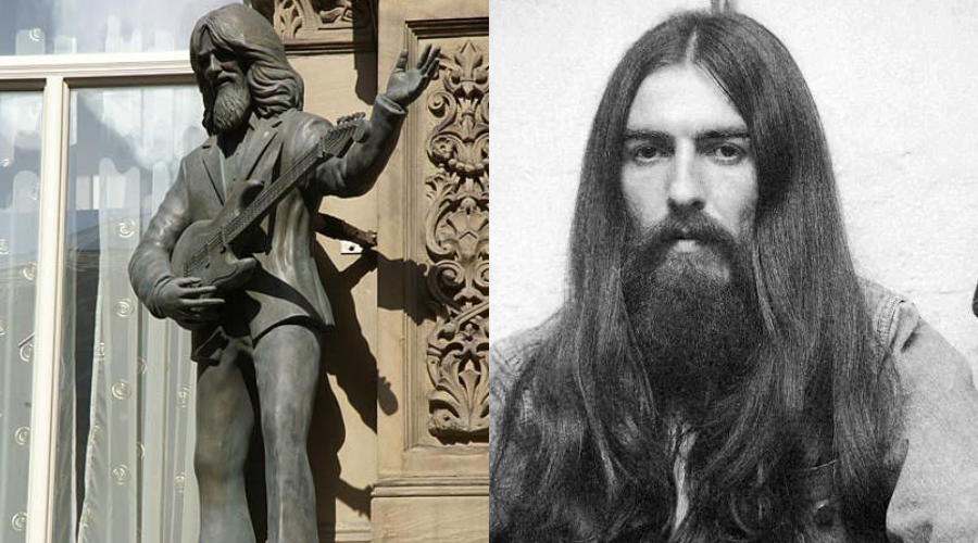 A side-by-side image shows a statue of a bearded man playing a guitar on the left and a black-and-white photo of a long-haired, bearded man with a serious expression on the right.